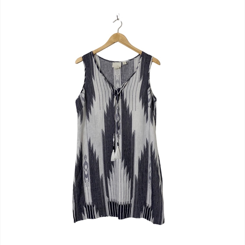 Cynthia Rowley Linen Ikat Print Sleeveless Dress Size 10 Blue White